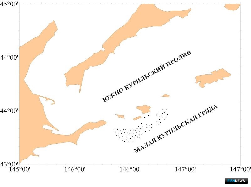 Рис. 20. Карта-схема района промысла осьминога Дофлейна гигантского в районе южных Курильских островов