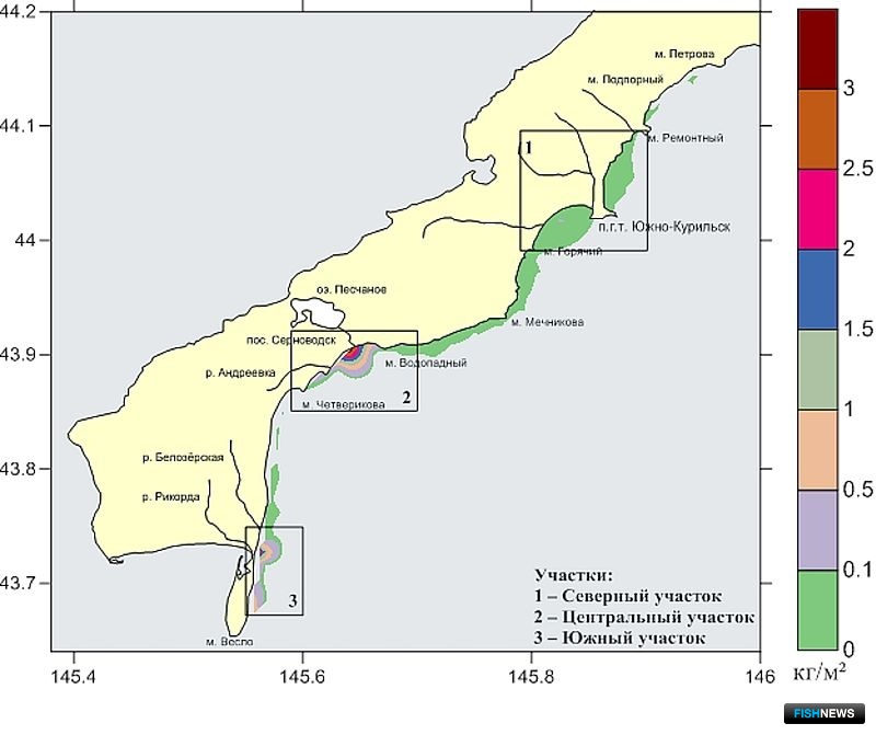 Рис. 27. Распределение спизулы сахалинской у юго-восточного побережья острова Кунашир в 2013 г.